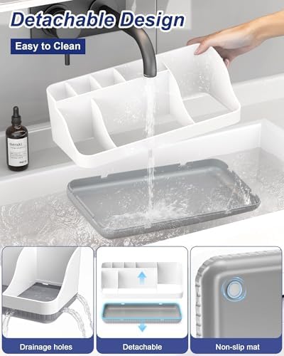 Bathroom Counter Organizer and Storage, 7 Slots Detachable Toothbrush Holders for Bathrooms, Anti-Slip Electric Toothbrush and Toothpaste Holder Countertop Vanity Organizer Accessories for Adults Kids