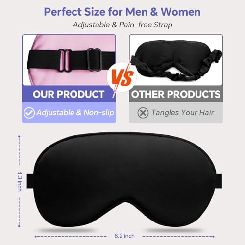 Sleep Eye Mask for Men Women, Silk Sleep Mask for Side Sleeper, Travel Blackout Night Blindfold Eye Shade Cover with Adjustable Strap (Black & Pink)
