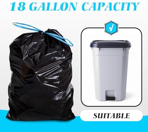 18 Gallon 120 Counts Strong Drawstring Trash Bags Garbage Bags by Teivio, Bathroom Trash Can Bin Liners, Plastic Bags for home office kitchen, Black