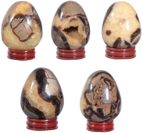 moonsix Natural Septarian Dragon Stone Sculpture Egg Shape Stone with Wooden Stand Crystal Figurine for Feng Shui Witch Decor, 1.97-2.56 inches