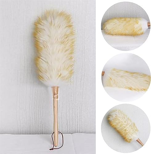 Feather Duster,Cleaning Brush Wood Handle Duster Furniture Dust Sweeping Car Brush Long Lambswool Duster Soft for Sofa Non-Static Hanging Rope Modern Home Cleaning Scrub Brushes for Cleaning