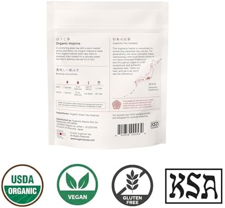 SUGIMOTO TEA Japanese Organic Hojicha Roasted Green Tea Bags 12 Count
