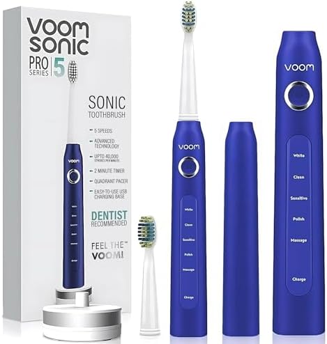 Voom Sonic Pro 5 Series Rechargeable Electronic Toothbrush, Dentist Recommended, Advanced Oral Care, 2 Minute Timer with Quadrant Pacing, 5 Adjustable Speeds, Soft Dupont Nylon Bristles, Blue