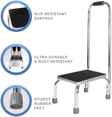 Vaunn Medical Foot Step Stool with Handle and Anti Skid Rubber Platform, Lightweight and Sturdy Stool for Children, Adults and Seniors, Chrome