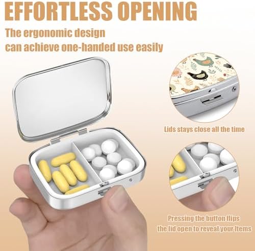 Pill Box-2 Compartment Small Pill Case Square Organizer Case with Mirror Portable Metal Medicine Box Travel Container for Pocket & Purse Women Men(Rustic Chicken)