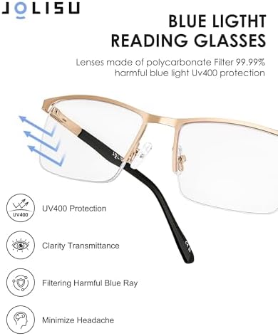 JOLISU 5 Pack Reading Glasses for Men Women, Blue Light Blocking Computer Readers, Metal Half Frame Spring Hinge