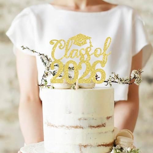 Rsstarxi 1 Pack Class of 2026 Cake Topper Glitter Congrats Grad 2026 Graduation Cake Pick Decorations for 2026 Graduation Theme High School Graduate Party Cake Decorations Gold
