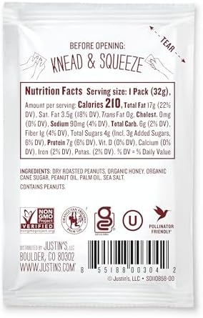 Honey Peanut Butter Squeeze Packs by Justin's, Gluten-free, Non-GMO, Responsibly Sourced, Pack of 10 (1.15oz each)
