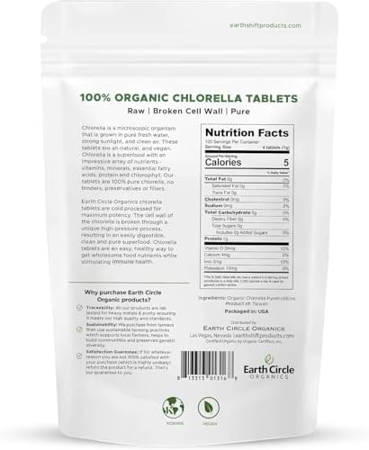 Earth Circle Organics Organic Chlorella Tablets 1000 Count | Pure Chlorella Pyrenoidosa | Broken Cell Wall for Better Nutrient Availability | Vegan, Kosher, Non-GMO | Whole Food Superfood | Pack of 1
