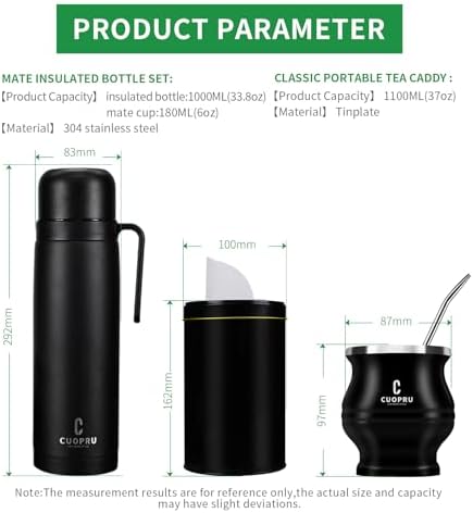 Cuopru Premium Stainless Steel Yerba Mate Kit, Gourd, 33.8oz Insulated Bottle, Container, Bombilla, Cleaning Brush, Tea Filter Set, Matte Black