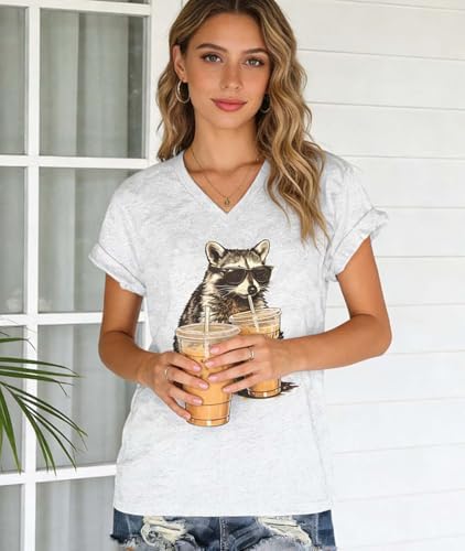 Raccoon Drinking Iced Coffee Shirt, Funny Cute Raccoon Drinking Iced Coffee V-Neck Tshirt for Women Men