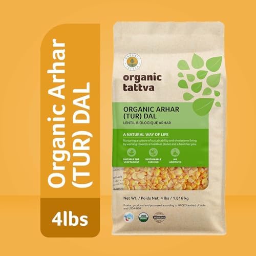 Organic Tattva Toor Dal (4 lbs) - Unpolished Organic Tur Dal (Arhar) - Nutritious & Rich in Taste - Dried Yellow Split Peas - All-Natural Plant-Based Protein - USDA Certified
