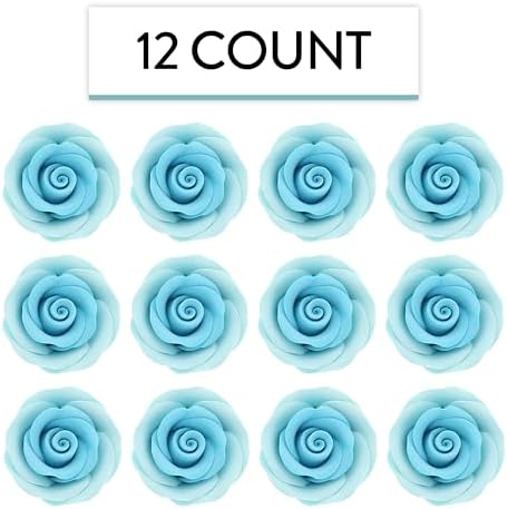 Global Sugar Art Premium Edible Roses, Light Blue, Unwired, Medium 1.5 inches, 12 Count by Chef Alan Tetreault