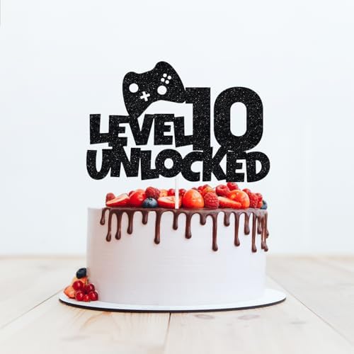 Glitter Level 10 Unlocked Cake Topper - Gamer's Happy 10th Birthday Cake Supplies, Level Up 10th Birthday Party Decorations Black