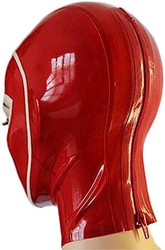 Red Latex Hood with White Brim Back Zipper Open Eyes Rubber Mask Club Party Wear Costume,Customize Size
