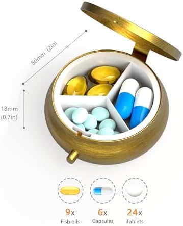 Small Pill Case Pill Box with Mirror Retro 3 Compartment Pill Holder for Purse or Pocket Bronze Portable Medicine Vitamin Container Fish Oil and Supplement Storage BPA-Free(Purple Butterfly)