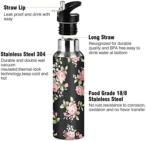 ALAZA Pink Rose Flower Floral Water Bottle with Straw Lid Vacuum Insulated Stainless Steel Thermo Flask Water Bottle 20oz