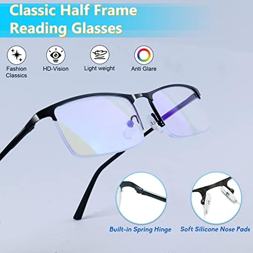 3 Pack Blue Light Blocking Reading Glasses for Men, Stylish Half Frame Metal Computer Readers, Lightweight Spring Hinge Eyeglasses Anti Eyestrain/Glare/UV (2PCS Black+1PCS Gray,+2.5)