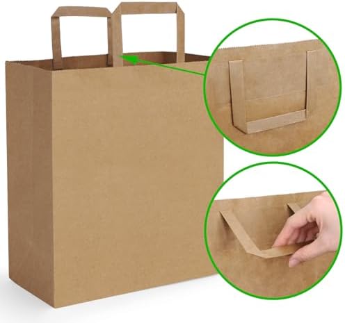 BagDream 100Pack 10x6.75x12 Kraft Brown Paper Bags with Handles Bulk, Gift Shopping Merchandise Retail To Go Bags for Takeout Containers, Flat Handles Wider-gusset Recycled Paper Sacks