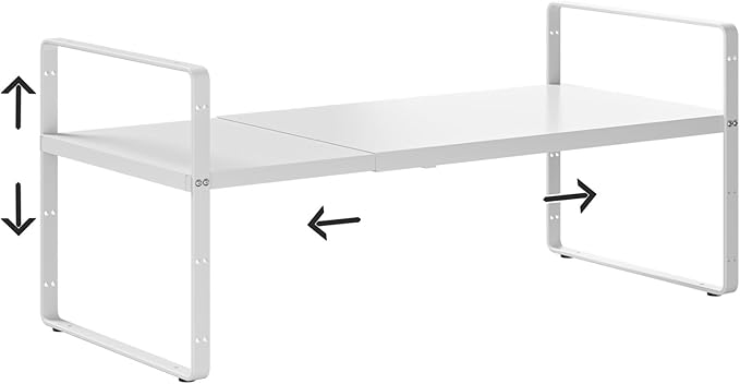 16.5-27ââL Expandable Cabinet Shelf Organizers, Stackable Metal Shelves Extender for Kitchen Countertop Storage, Adjustable Spices Shelves Rack Stand for Cupboard Pantry, White
