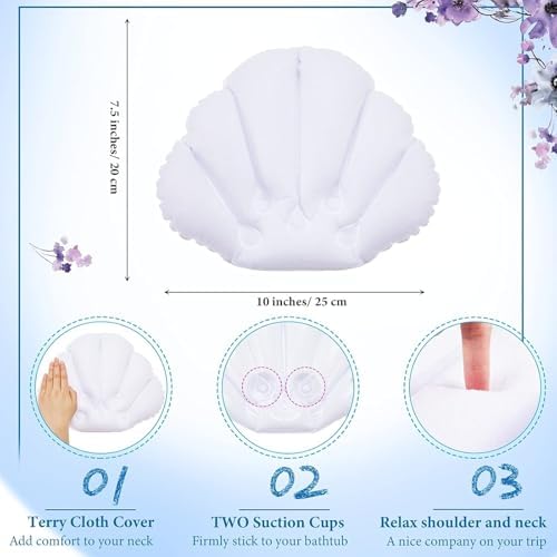 Jetec 2 Pcs Inflatable Bath Pillow with Suction Cup Terry Cloth Covered Bath Pillow Shell Shape Bathtub Spa Pillows Comfortable Soft Cushion Neck Support Fits All Pool Bathroom Home Spa Hot Tub