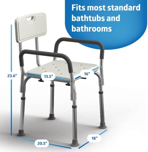 Medline Shower Chair for Elderly, Seniors, Adults & Disabled, Aluminum - Heavy Duty Shower Seat with Padded Arms and Back, Adjustable Height Bath Stool for Bathtub, 350 lb, Slip Resistant