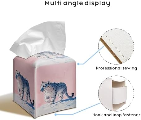 Snow Leopard Art 5.2-Inch Square PU Leather Tissue Box Cover – Hand-Stitched, Removable Liner, Bathroom, Bedroom, Living Room, Office, Gift for Snow Leopard & Animal Lovers
