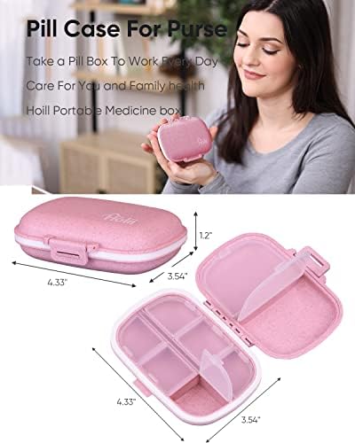 Holii Travel Pill Organizer, 8 Compartments Portable Pill Case, Daily Pill Box to Hold Vitamins, Small Pill Container for Pocket Purse Medicine Organizer(Pink)