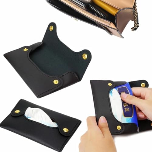 Pocket Tissue Holder - Tissue Holder | Travel Pouch for Tissue | Pocket Paper Towel | Tissue Bag Holder | Paper Towel Pu Leather Case | Paper Box Bag | Tissue Storage Bag (Black)