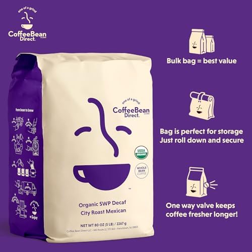 Coffee Bean Direct Organic Swiss Water Process Decaf City Roast Mexican, Whole Bean Coffee, Arabica Coffee, 5 Pound Bag (Pack of 1)