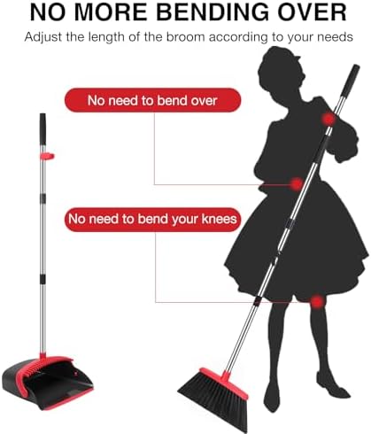 NACENA Broom and Dustpan Set, 52-in Long Adjustable Handle Broom Dustpan Combo with Dustpan Teeth to Automatically Clean Hair Suitable for Home Kitchen Office Hall Floor(Black&Red)