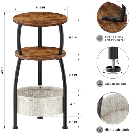 Small Side Table for Small Spaces with Storage Basket, Round End Table 3-Tier NightStand Sofa Corner Table for Living Room, Bedroom, Patio and More 24in Tall Rustic Brown