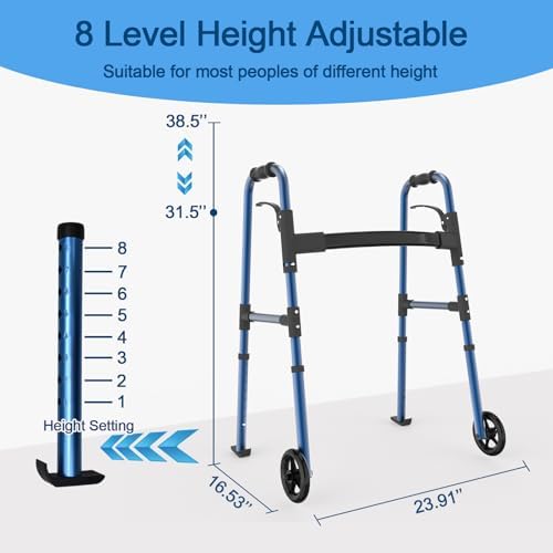 Loyoda Folding Walkers for Seniors, Medical Walker 5'' Front Wheel Lightweight Walker with Storage Bag and Skis Glides Height Adjustable Aluminum Compact Standard Walker (Blue)