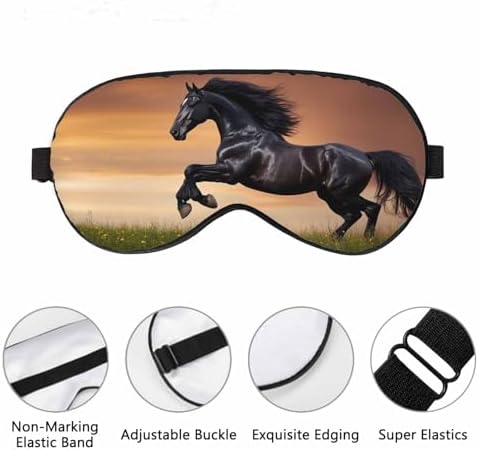 Black Silk Friesian Horse Sleep Eye Mask with Adjustable Strap for Men Women Travel, Nap, Meditation