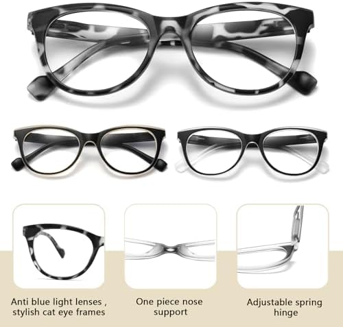 3-Pack Blue Light Blocking Reading Glasses for Women Spring Hinge, Full Frame Cat Eye Readers