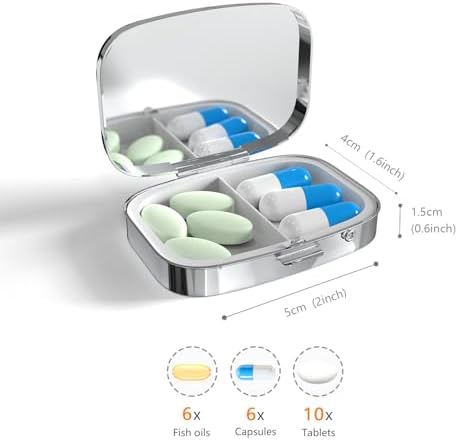 Pill Box-2 Compartment Small Pill Case Portable for Pocket & Purse Single Pill Carrier Pill Container to Hold Vitamins Medication Fish Oil and Supplements BPA-Free(Hummingbird)