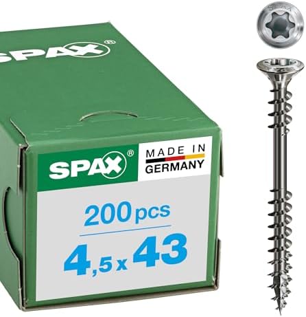 SPAX Facade Screw, 4.5 x 43 mm, Pack of 200, Fixing Thread, Raised Countersunk Head, T-Star Plus T20, 4CUT, Rustproof Stainless Steel A2-25470004504322