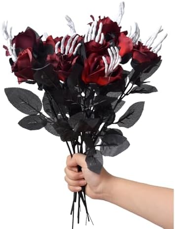 12 Pcs Halloween Black Faux Rose Artificial Flowers with Skull Skeleton Hand Purple Flower Bouquets Gothic Halloween Floral Picks Flowers Artificial 19.29 inches(Adjustable Length )(Red)