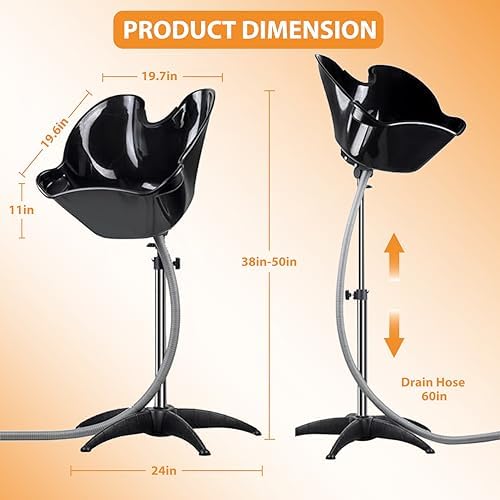 Portable Shampoo Bowl,Shampoo Basin Salon Sink Hair,Height & Angle Adjustable Hair Washing Bowl with Drain Hose,Black