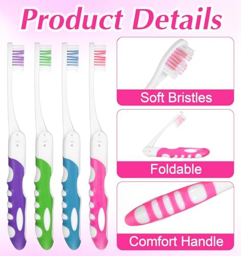 4 Pcs Travel Toothbrush, Kids Travel Toothbrush Compact Folding Design with Soft Bristles, Portable for Camping, Hiking & On-the-Go (4 Colors)