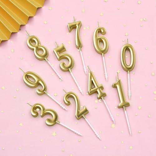 PHD CAKE 10-Pieces Gold Numeral Birthday Candles, Cake Numeral Candles Number 0-9 Glitter Cake Topper Decoration for Birthday,Wedding Anniversary,Party Celebration