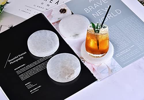 AMOYSTONE 4Pcs Round Selenite Slice Coasters Small & Selenite Reiki Charging Station Flat Plate for Chakra Balance, Crystal Healing