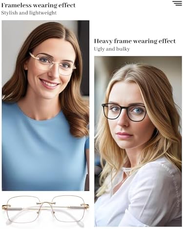 LUFF Rimless Reading Glasses for Women Blue Light Blocking,Fashion Metal Computer Readers,Frameless Eyeglasses Anti Eyestrain