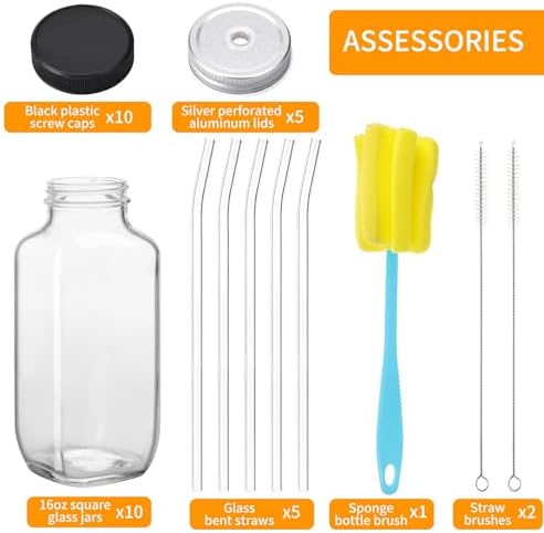 CUCUMI 10pcs 16oz Glass Juice Bottles with Lids, Reusable Juice Containers Drinking Jars Water Cups with Brush, Glass Straws, Lids with Hole | 10pcs, with Lids, Reusable, Juice Containers, Drinking Jars, Water Cups