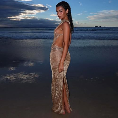 Women's Sexy Glitter Maxi Dress Open Back Sheer Mesh Beach Cover Up Dress Sleeveless Party Vacation Dresses