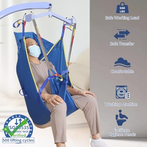 Patient Lift Slings for Home Use,Transfer Aids for Disabled and Elderly, Divided Leg Sling with Head Support,Hoist Sling for Toileting, Supports up to 500 lbs (Medium)