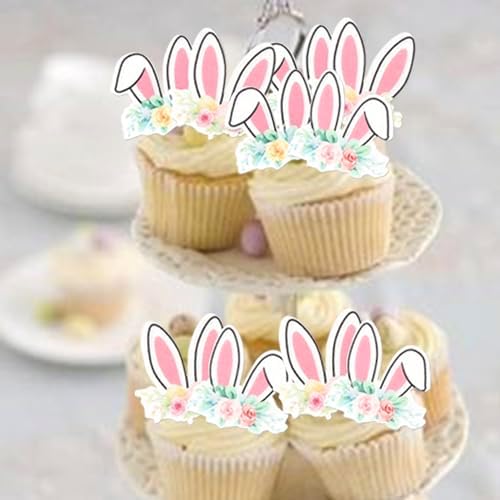 48 PCS Edible Bunny Ears Cupcake Toppers Rabbit Ears Bunny Party Cake Decorations Happy Easter Cupcake Picks for Easter Theme Baby Shower Birthday Party Food Decorations Supplies