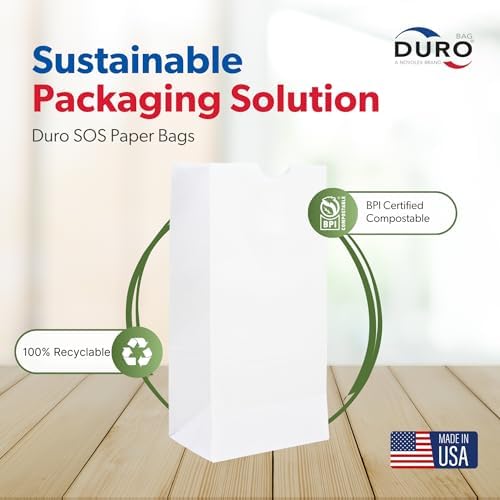 Duro 12# White Paper Lunch Bags 500 Count, Bulk Disposable SOS Paper Bags for Bread, Bagel, Deli & Restaurant Takeout or Delivery - 7.06 x 4.50 x 13.75 Inches