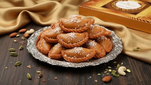 Ghasitaram Gifts Jaiccha Holi- Sweets/Holi Hampers/Thandai Ghasitaram Orange Hamper Box with Assorted Gujiyas, Thandai and Mixed Nuts Jars