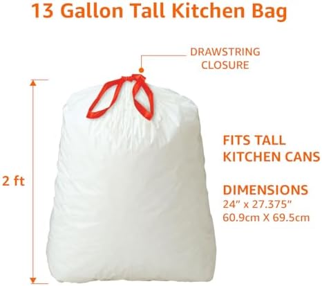 Amazon Basics Tall Kitchen Drawstring Trash Bags, Sturdy and Tear Resistant, 13 Gallon, Unscented, 120 Count